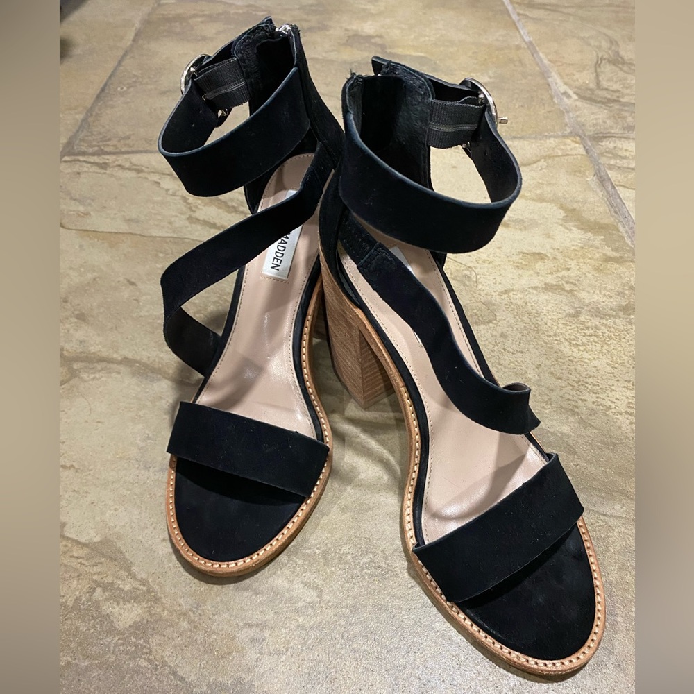 Steve Madde black Collins suede heeled sandals with a 4 inch heel
